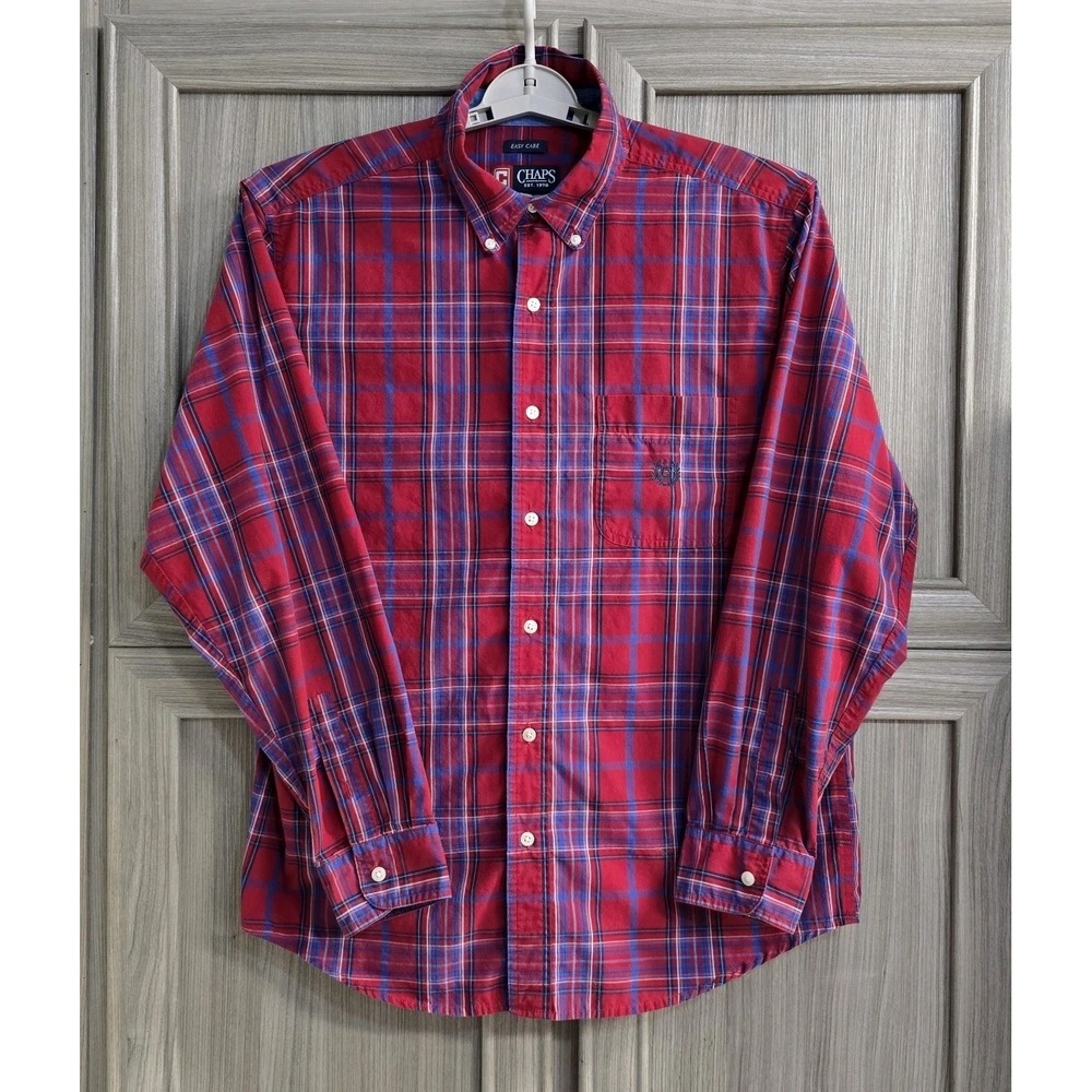 Chaps By Ralph Lauren Mens Long Sleeve Shirt Red Blue Plaid Easy Care Size XL